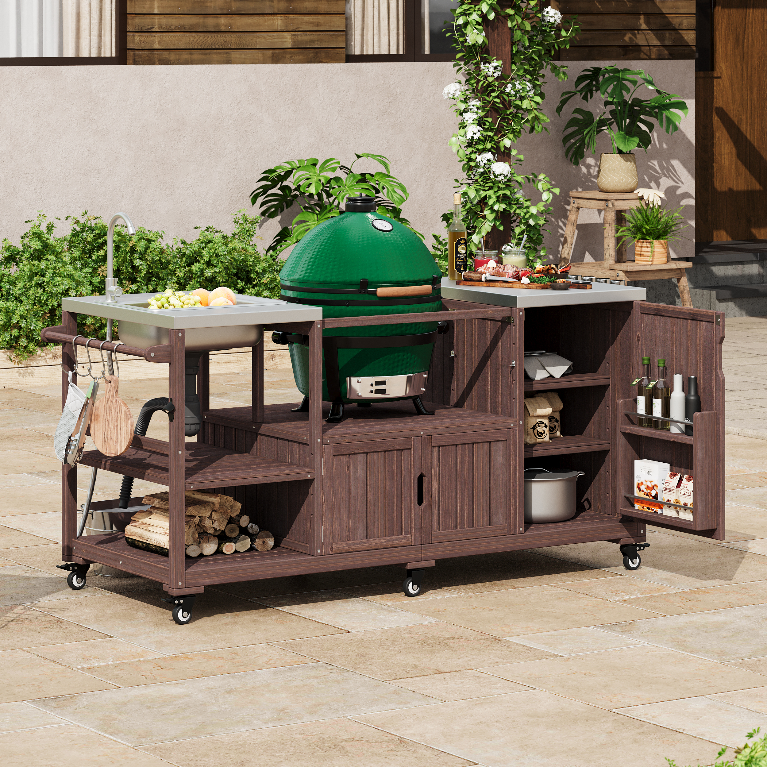 K&K 75.4 Outdoor Kitchen Island With Sink, Solid Wood Outdoor Grill Cart For XL Green Egg Grills, Rolling Outdoor Bar Cart With Stainless Steel Top, For Pizza Prep & BBQ, Brown