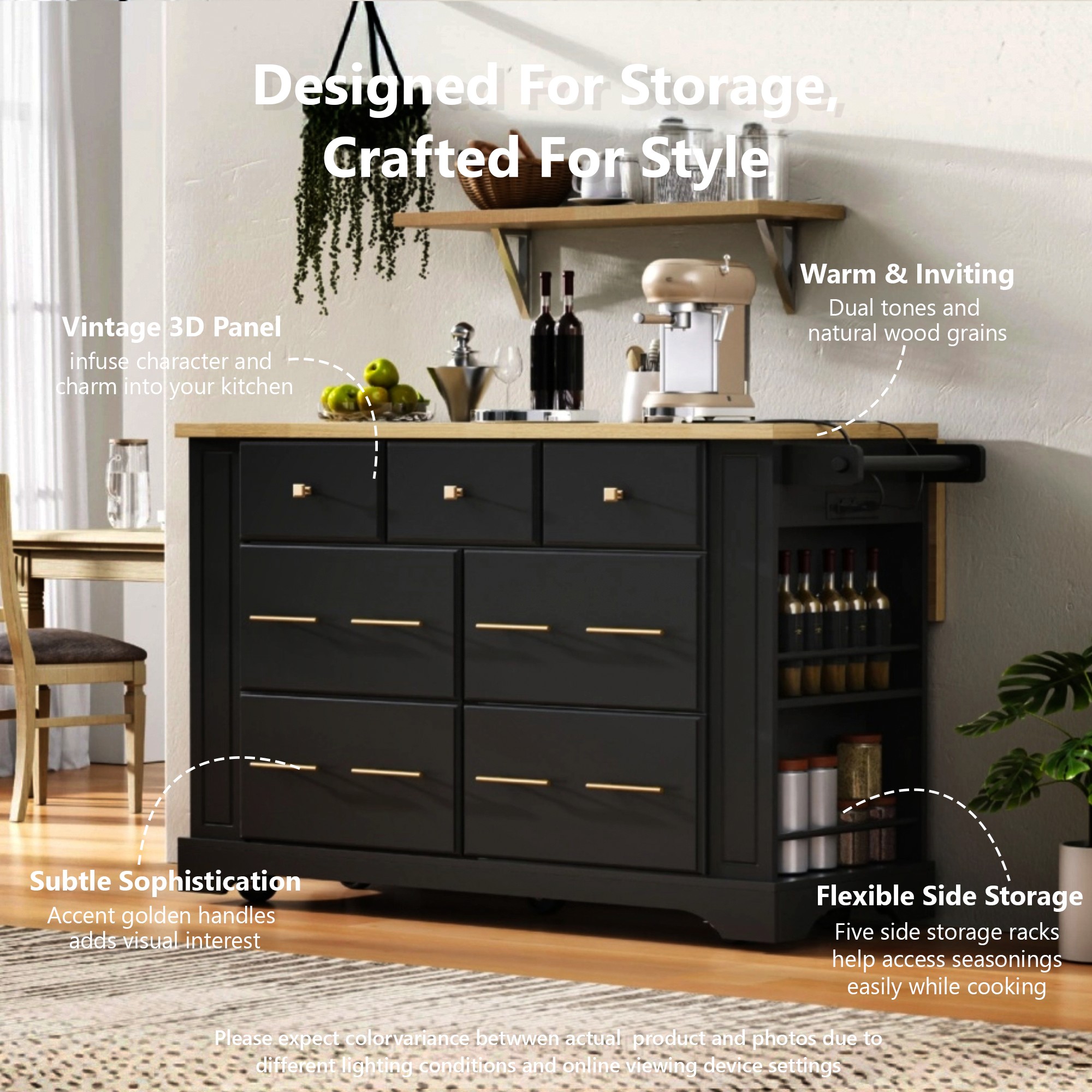 K&K Kitchen Island With 6 Drawers, Pull Out Trash Can Storage, Rolling Kitchen Island On 5 Wheels With Drop Leaf, Power Outlet, 5 Open Side Racks For Kitchen, Dining Room, Black_voghion.com