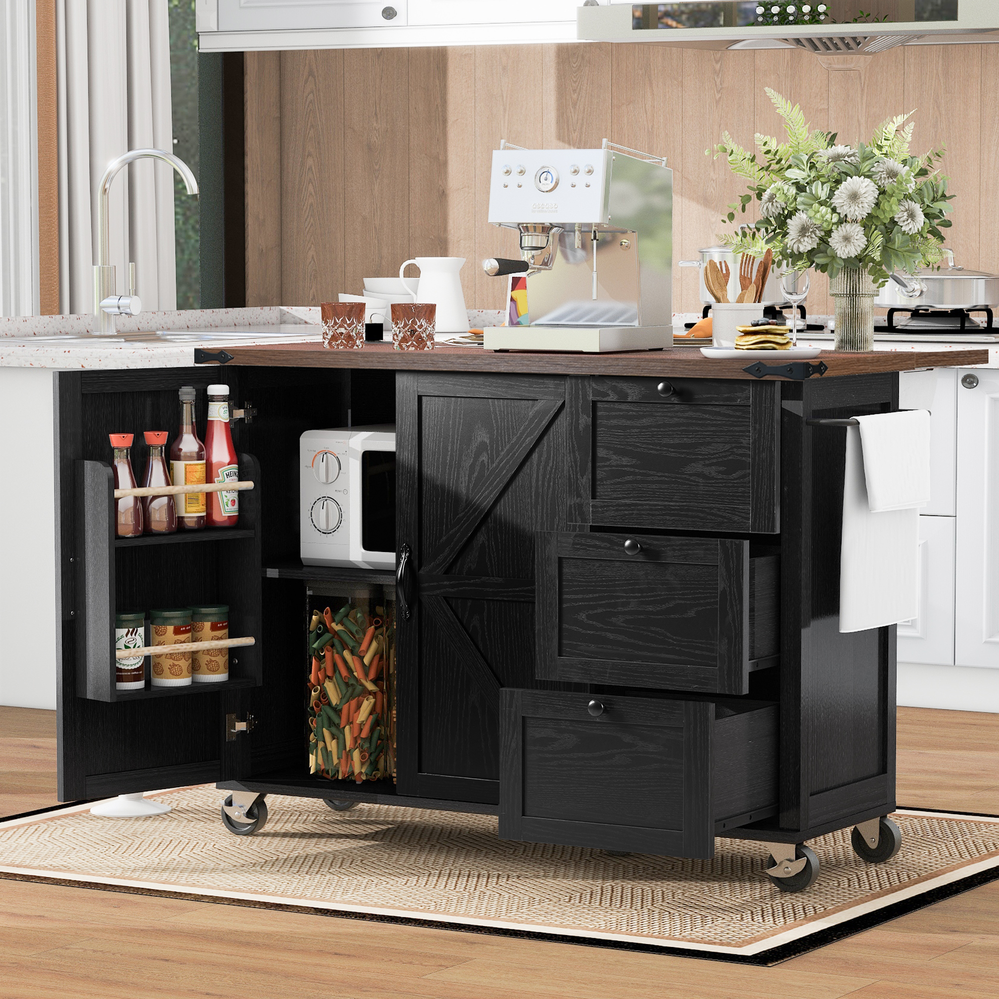 K&K 54.5  Farmhouse Kitchen Island With Power Outlet, Kitchen Storage Island  With Internal Storage Rack, Drop Leaf, Spice Rack, Rolling Kitchen Cart On Wheels, For Home, Kitchen And Dining Room,Black