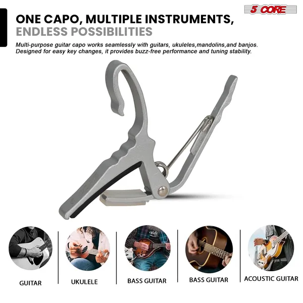 5Core Capo Acoustic Electric Guitar String Clip Banjo Mandolin Or Ukulele + 6Pcs Guitar Picks Celluloid Puas Para Guitarra + Carry Bag - CAPO AL SLV