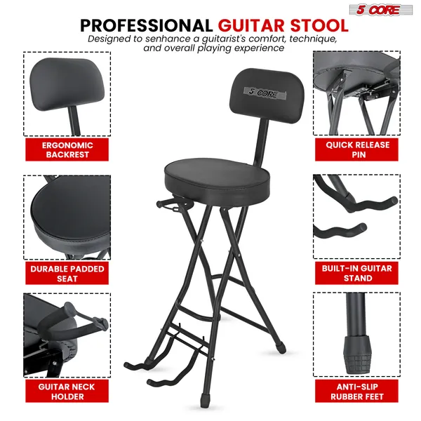 5Core Guitar Stool Adjustable Backrest Piano Chair 3.15" Padded Seat Music Stand