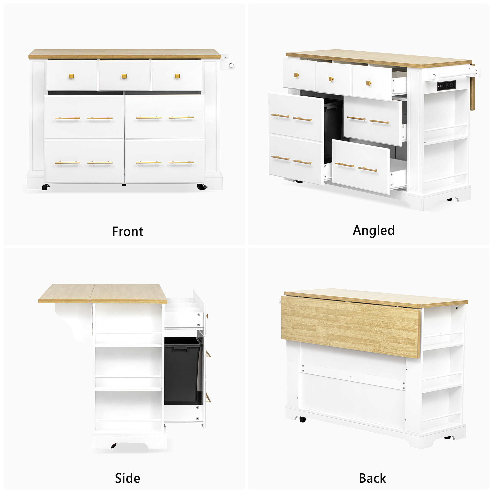 Kitchen Island With 6 Drawers And Drop Leaf And Power Outlet White_voghion.com