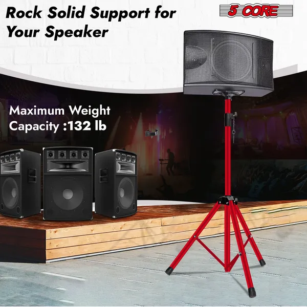 5 Core Speaker Stand Tripod Floor Heavy Duty Adjustable Up To 72 Inch DJ Studio Monitor Stands Pole Mount - SS HD RED BAG