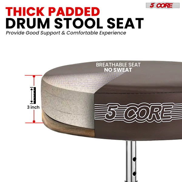 5 CORE Drum Throne Padded Guitar Stool Height Adjustable Music Chair Seat Universal For Adults & Kids With Anti Slip Rubber Feet DS CH BR