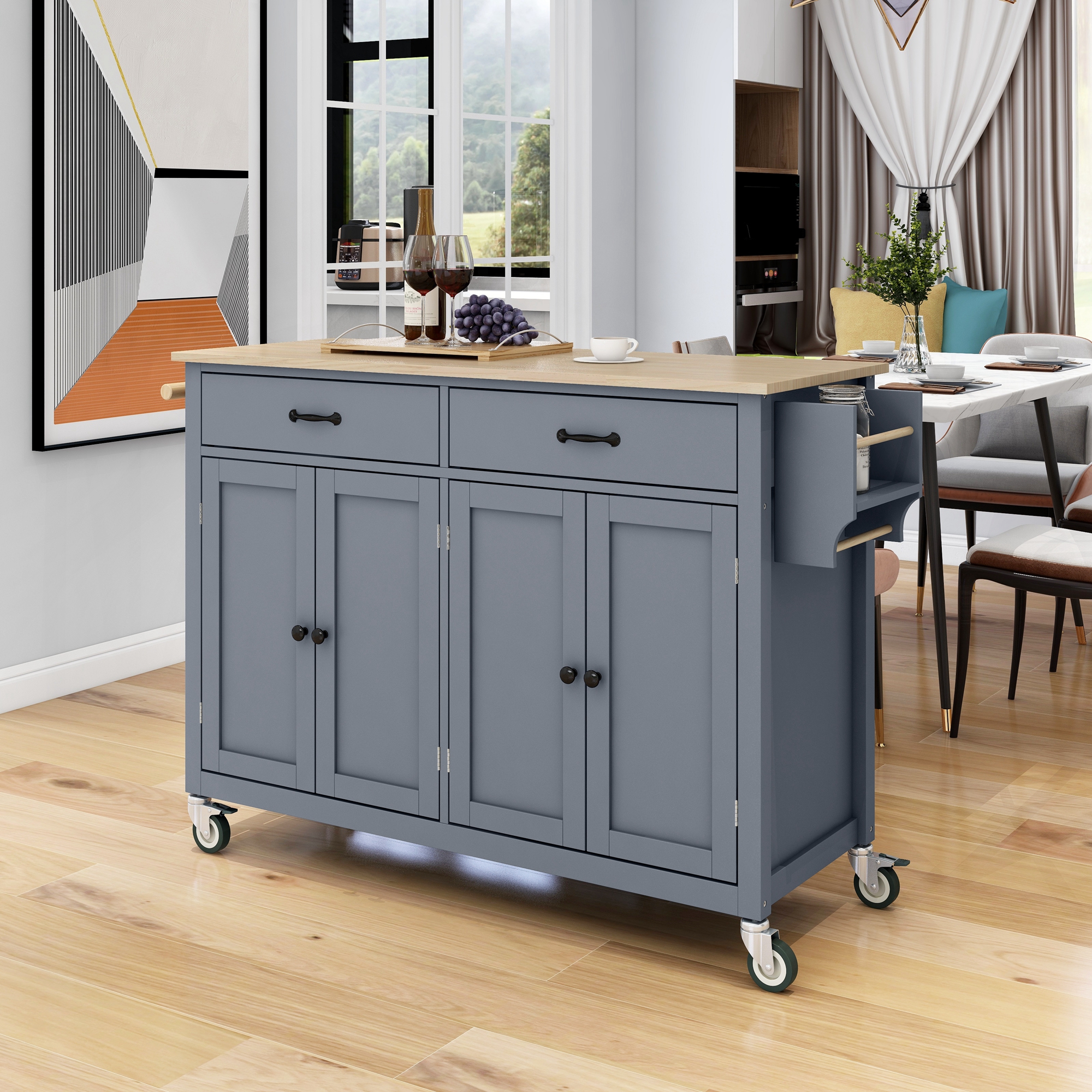 Kitchen Island Cart With Solid Wood Top And Locking Wheels,54.3 Inch Width,4 Door Cabinet And Two Drawers,Spice Rack, Towel Rack  Grey Blue
