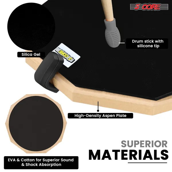 5 Core Drum Practice Pad Set 12" Adjustable Snare Drumming Stand Double Sided Silent Drummer Kit - DPAD COMBO BLK