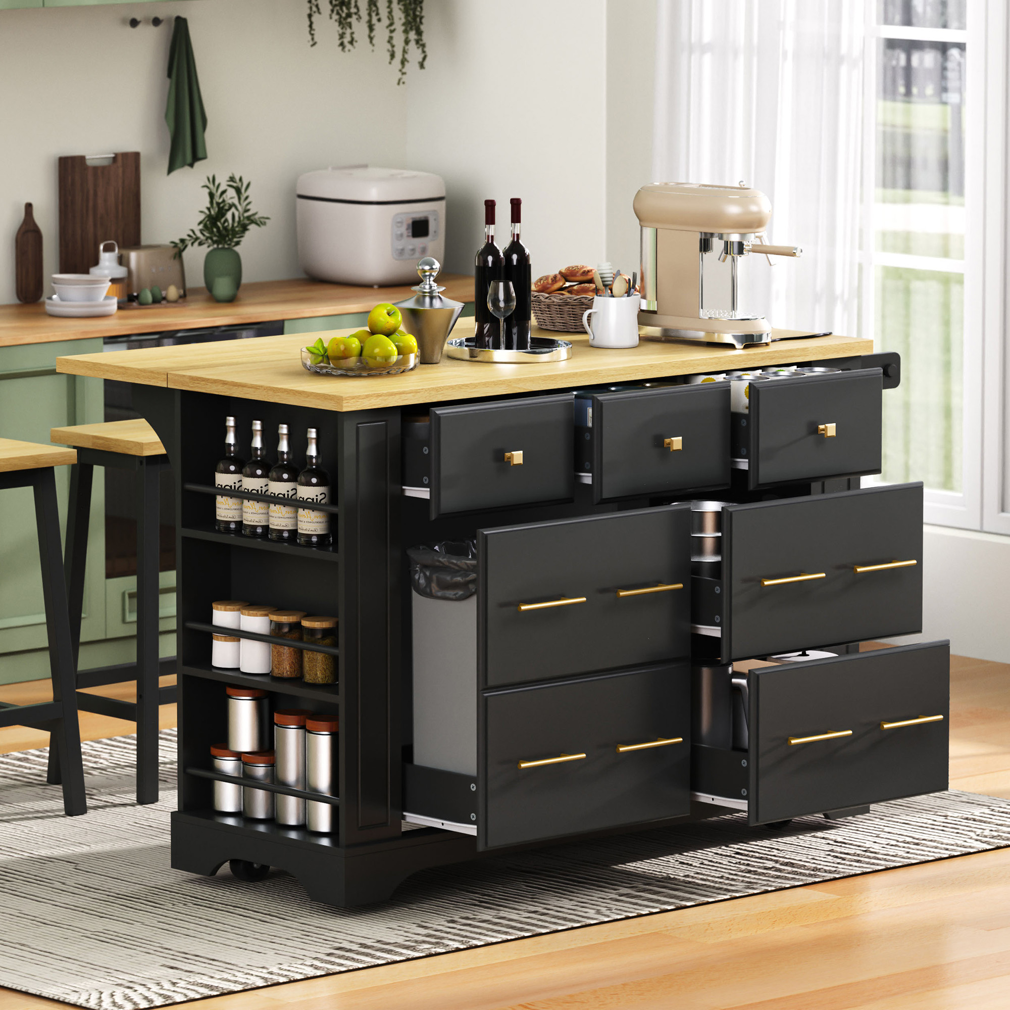 K&K Kitchen Island With 6 Drawers, Pull Out Trash Can Storage, Rolling Kitchen Island On 5 Wheels With Drop Leaf, Power Outlet, 5 Open Side Racks For Kitchen, Dining Room, Black_voghion.com