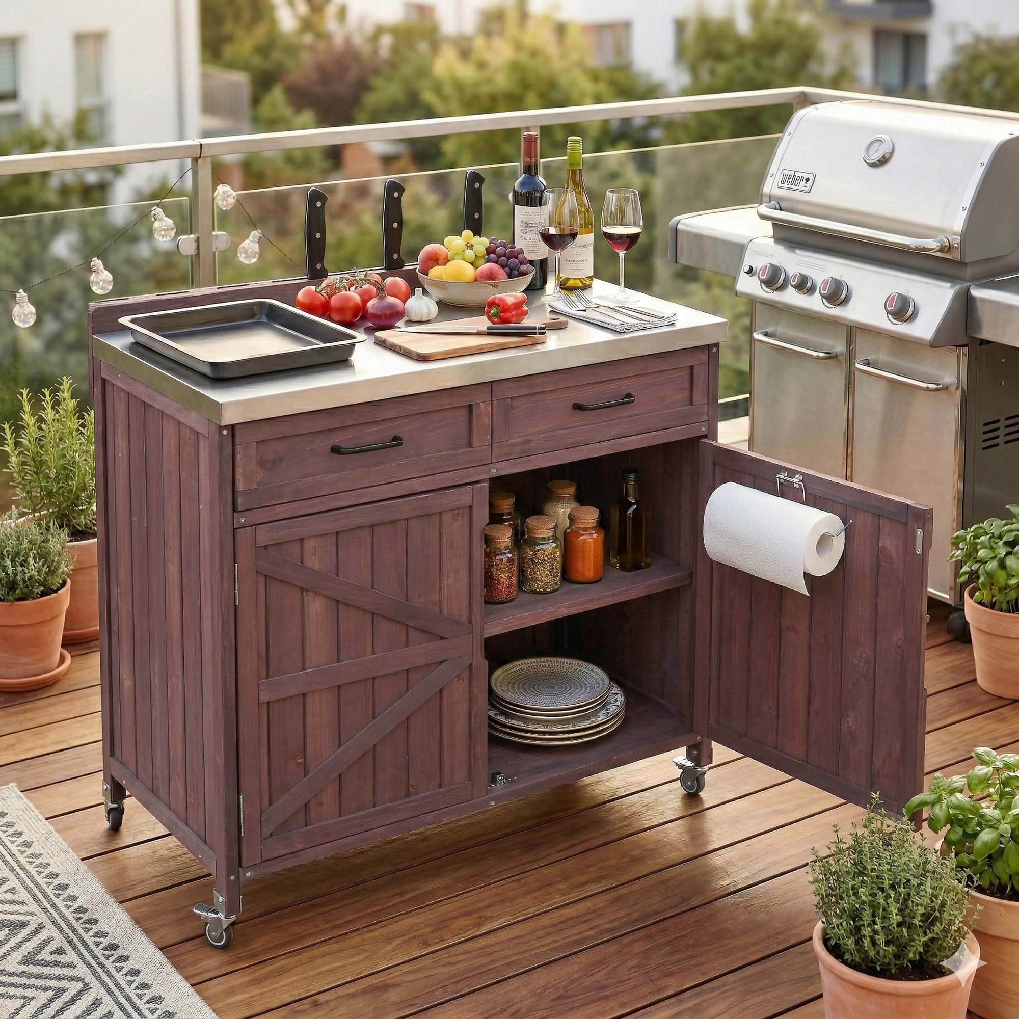 K&K 39.4 Outdoor Kitchen Island With Stainless Table Top, Outdoor Storage Kitchen Cabinet With One Large Drawer, Adjustable Shelves, Internal Storage Racks & 4 Wheels For Pizza Prep, Dark Brown