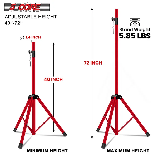 5 Core Speaker Stand Tripod Floor Heavy Duty Adjustable Up To 72 Inch DJ Studio Monitor Stands Pole Mount - SS HD RED BAG