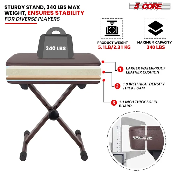 5 Core Keyboard Bench 3 Inch Padded Cushioned Piano Stool Height Adjustable Guitar Seat Heavy Duty Folding Portable Musician Chair W Nonslip Rubber Feet Brown - KBB BR HD