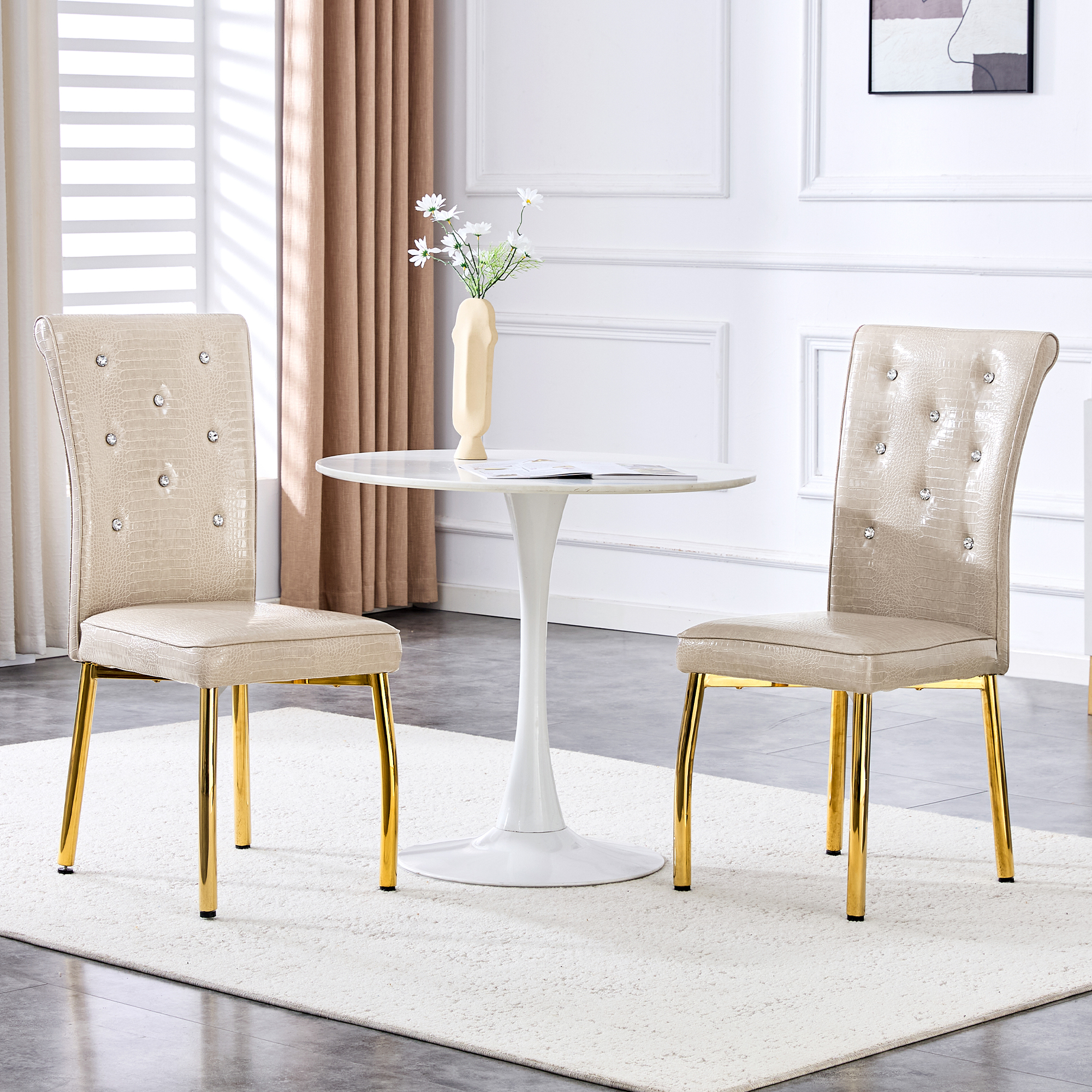 A Set Of 2 Beige And Gold Vintage Crocodile Leather Cushioned Dining Chairs, Featuring Crystal Clasp Design And Artificial Leather Design, Adding A Touch Of Elegance And Mystery To The Dining Area