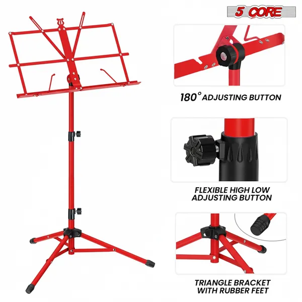 5 Core Music Stand Adjustable Desktop Book Stands Portable Sheet Holder All Metal Foldable Bookstand - MUS FLD RED