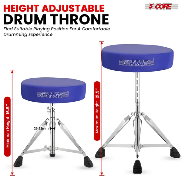 5 CORE Drum Throne Padded Guitar Stool Height Adjustable Music Chair Seat Universal For Adults & Kids With Anti Slip Rubber Feet DS CH BLU