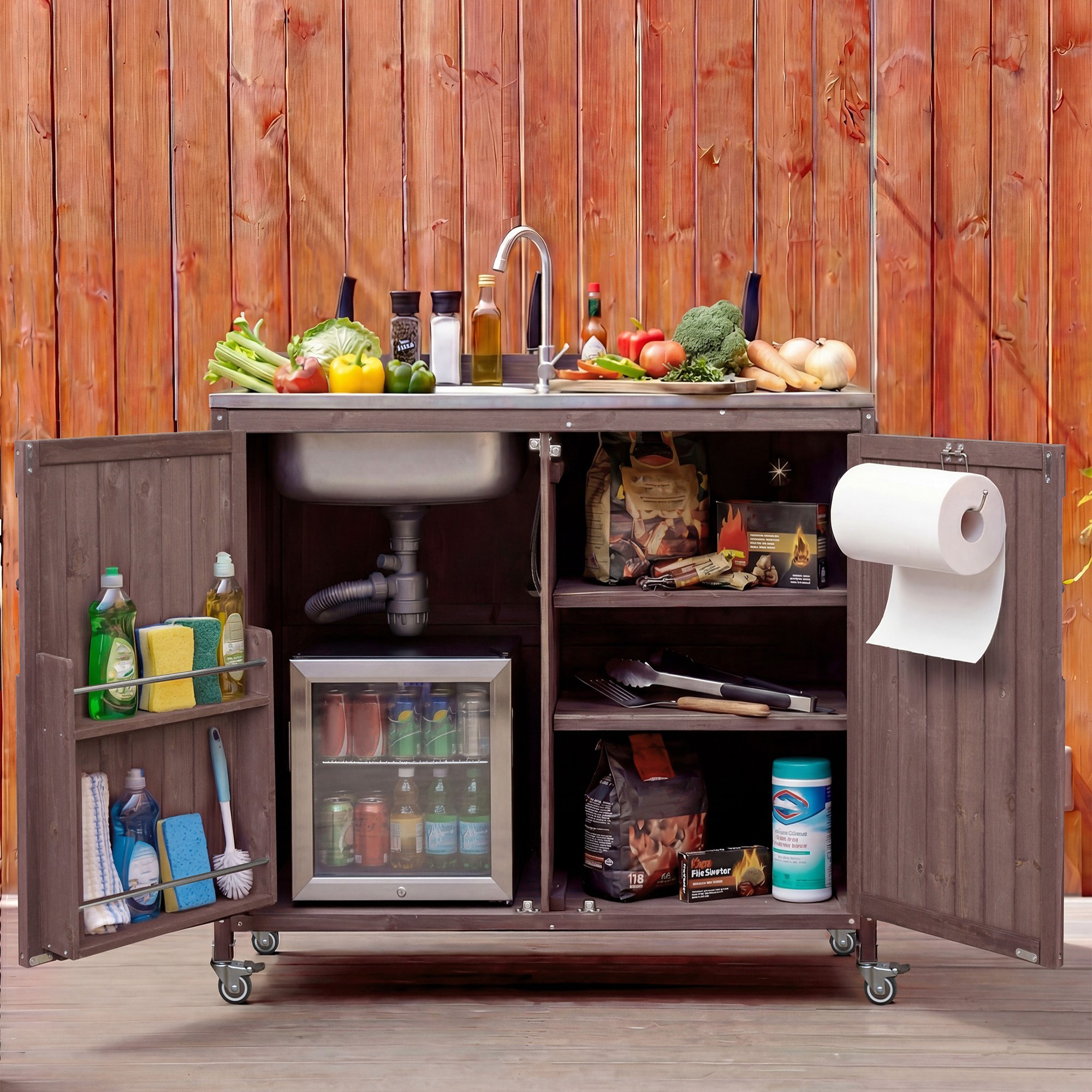 K&K 39.4  Outdoor Kitchen Island With Sink, Outdoor Kitchen Sink Station W 304 Stainless Steel Sink, Hose Hook Up & Faucet, Outdoor Kitchen Cabinet W Back Splash & 4 Wheels For Pizza Prep,Dark Brown