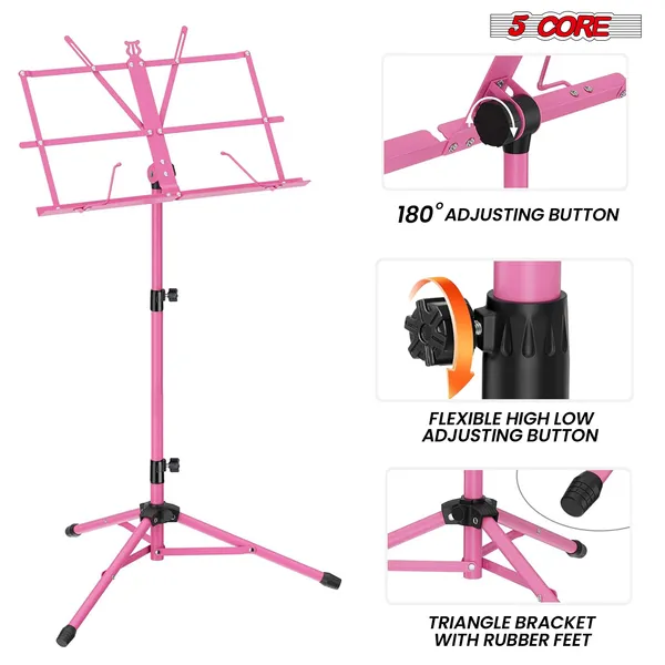 5 Core Music Stand Adjustable Desktop Book Stands Portable Sheet Holder All Metal Foldable Bookstand - MUS FLD PNK