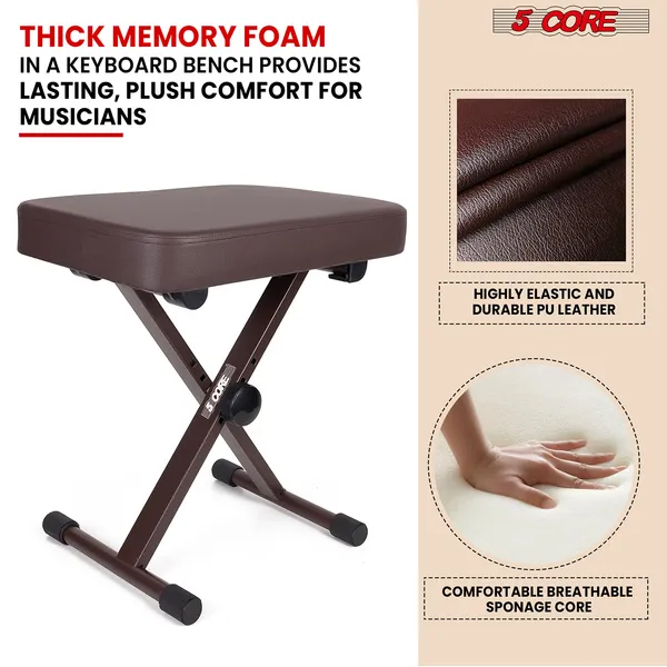 5 Core Keyboard Bench 3 Inch Padded Cushioned Piano Stool Height Adjustable Guitar Seat Heavy Duty Folding Portable Musician Chair W Nonslip Rubber Feet Brown - KBB BR HD