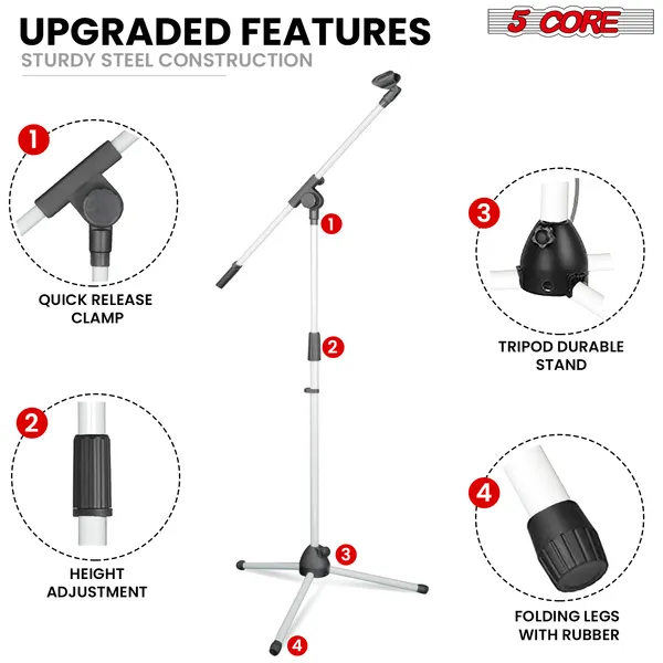 5 Core Tripod Mic Stand Floor Adjustable 18 To 72 Inches Sturdy Boom Arm Holder Microphone Stands Pedestal Para Microfono For Singing MS 080 WH