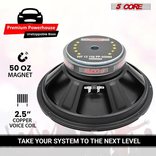 5 Core 12 Inch Woofer Pair 400W Car Audio Subwoofer 4 Ohm Impedance Replacement Deep Bass Sub W 50 Oz Y30 Magnet Poly Cone Rubber Surround For Vehicle Sound System - WF 12 156 PP 4OHM 2PCS
