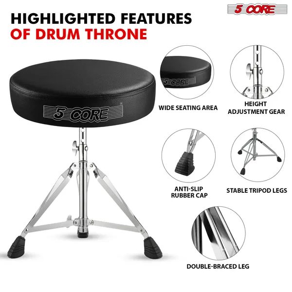 5 CORE Drum Throne Padded Guitar Stool Height Adjustable Music Chair Seat Universal For Adults & Kids With Anti Slip Rubber Feet DS CH BLK
