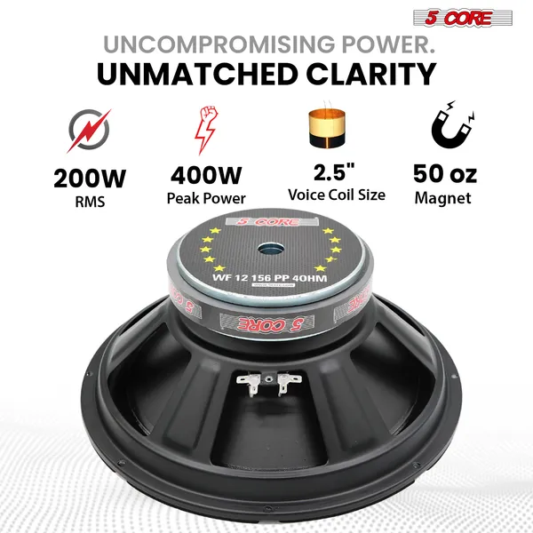 5 Core 12 Inch Woofer 400W Car Audio Subwoofer 4 Ohm Impedance Replacement Deep Bass Sub W 50 Oz Y30 Magnet Poly Cone Rubber Surround For Vehicle Sound System - WF 12 156 PP 4OHM
