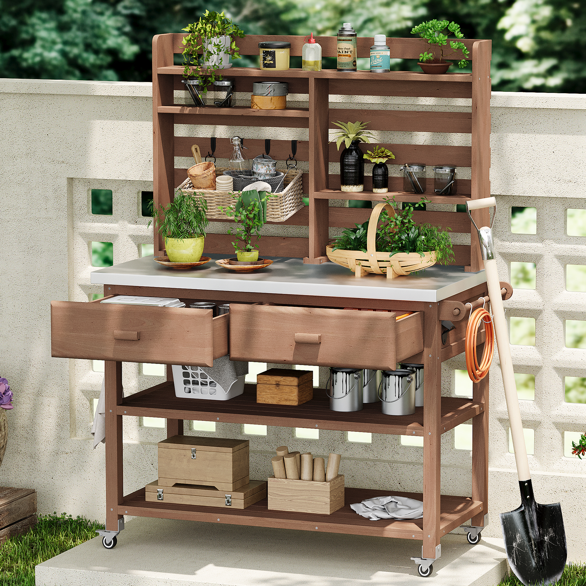 K&K 64.9 H Outdoor Potting Bench Table With Lockable Wheels, Solid Wood Outdoor Kitchen Island With Upper Hutch, Stainless Steel Top, Towel Rack ,Outdoor Storage For Grilling, Lawn Garden  Brown