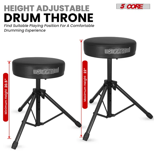 5 Core Drum Throne 3" Thick Padded Memory Foam Comfortable Drummer Stool 330Lb Capacity Adjustable