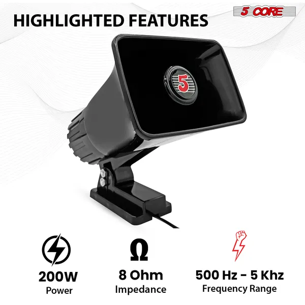 5 Core PA Horn 200W Loud Speaker Pair 6" Bull Horn Loud Audio 8Ohm All Weather Indoor Outdoor Use