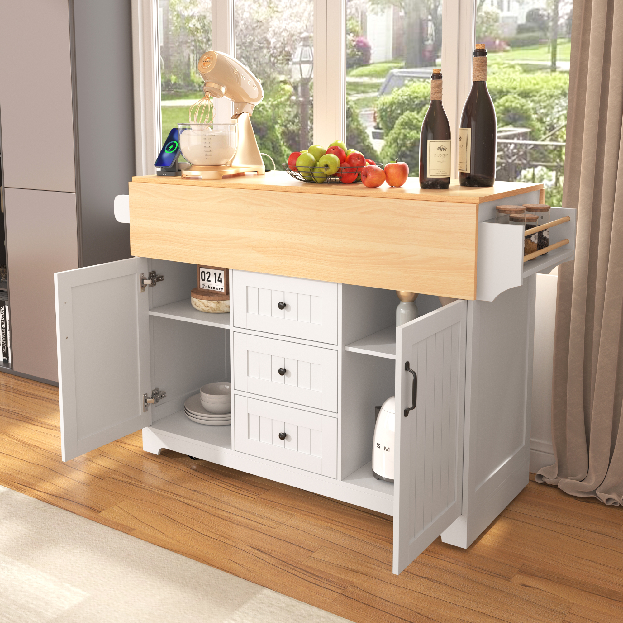 K&K 55.7  Large Kitchen Island With 2 Drop Leaf,, Rolling Kitchen Cart On 5 Wheels With Power Outlet, Folding Storage Dining Table With Spice & Towel Rack , 3 Drawers, For Kitchen, Dining Room,White