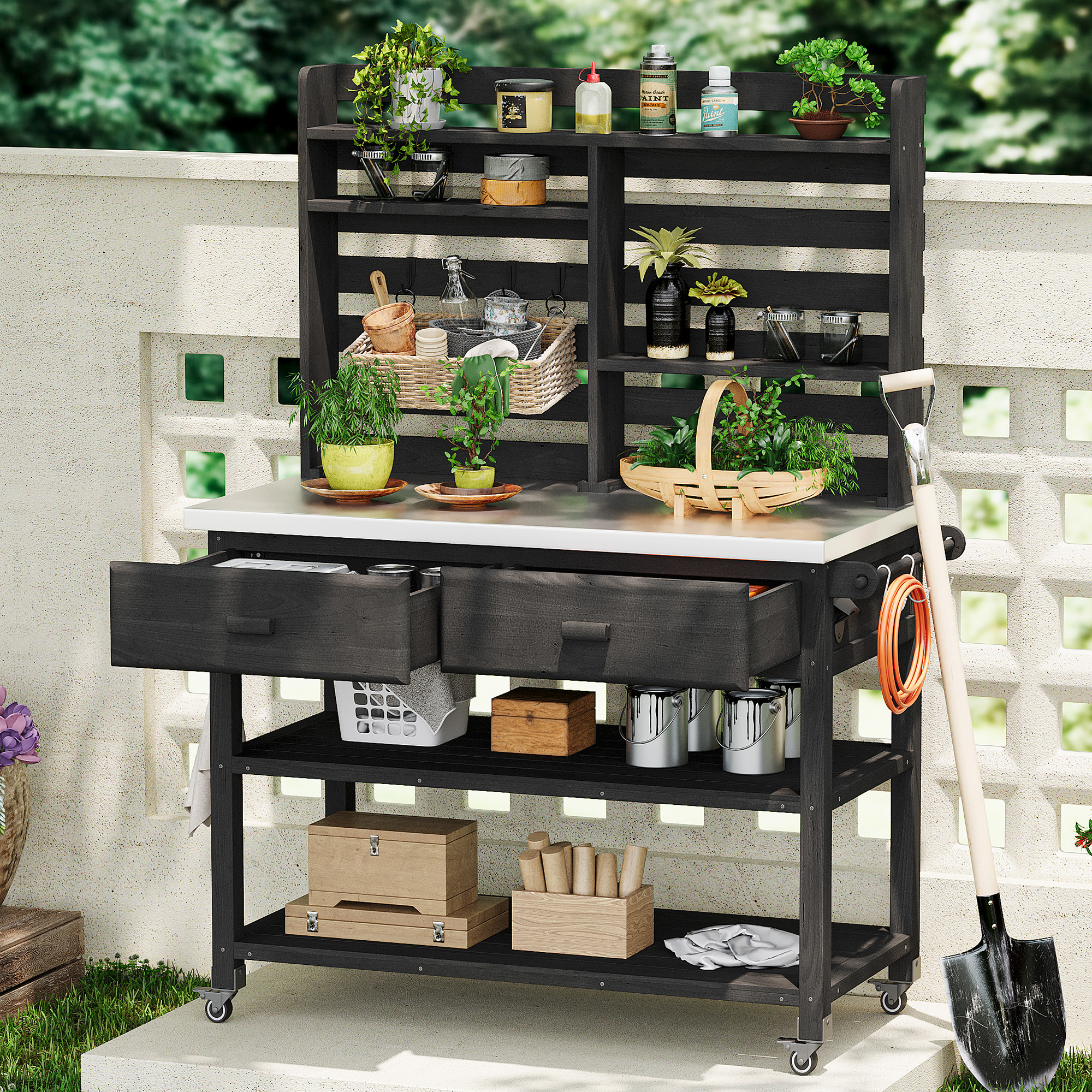 K&K 64.9 H Outdoor Potting Bench Table With Lockable Wheels, Solid Wood Outdoor Kitchen Island With Upper Hutch, Stainless Steel Top, Towel Rack ,Outdoor Storage For Grilling, Lawn Garden  Black