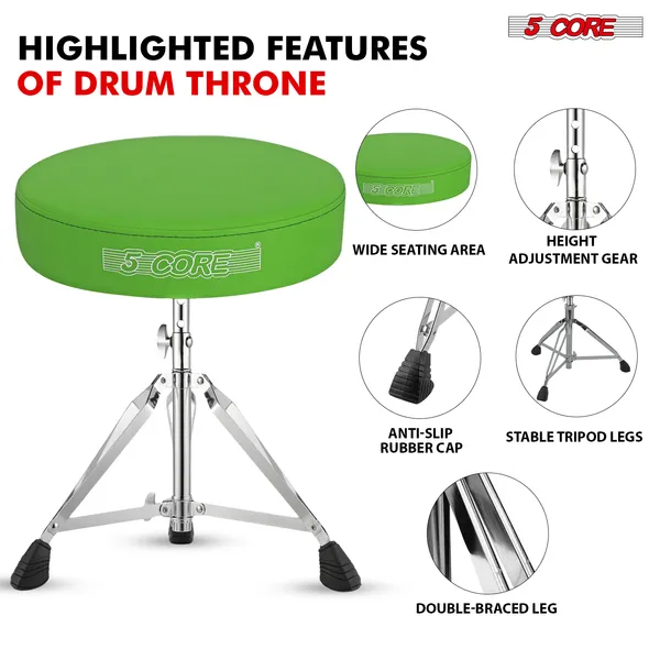 5 CORE Drum Throne Padded Guitar Stool Height Adjustable Music Chair Seat Universal For Adults & Kids With Anti Slip Rubber Feet - DS CH GR