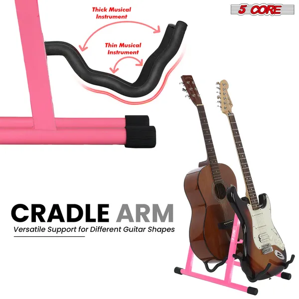 5 CORE Double Guitar Stand Floor Adjustable Heavy Duty A Frame Universal Folding Acoustic Electric Bass Mandolin Banjo Violin Holder Multiple Folding Stands For On Stage Studio Easy Assembly PINK
