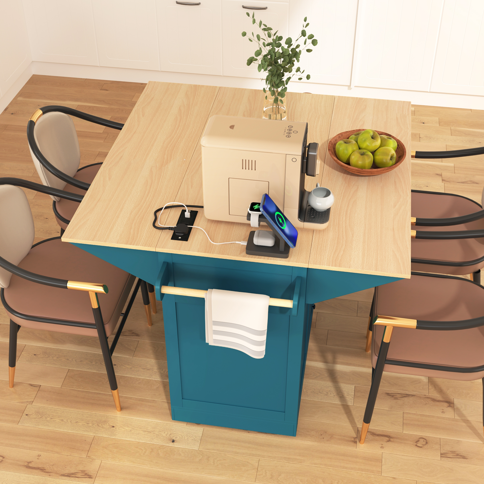 K&K 55.7  Large Kitchen Island With 2 Drop Leaf,, Rolling Kitchen Cart On 5 Wheels With Power Outlet, Folding Storage Dining Table With Spice & Towel Rack , 3 Drawers, For Kitchen, Dining Room,Green