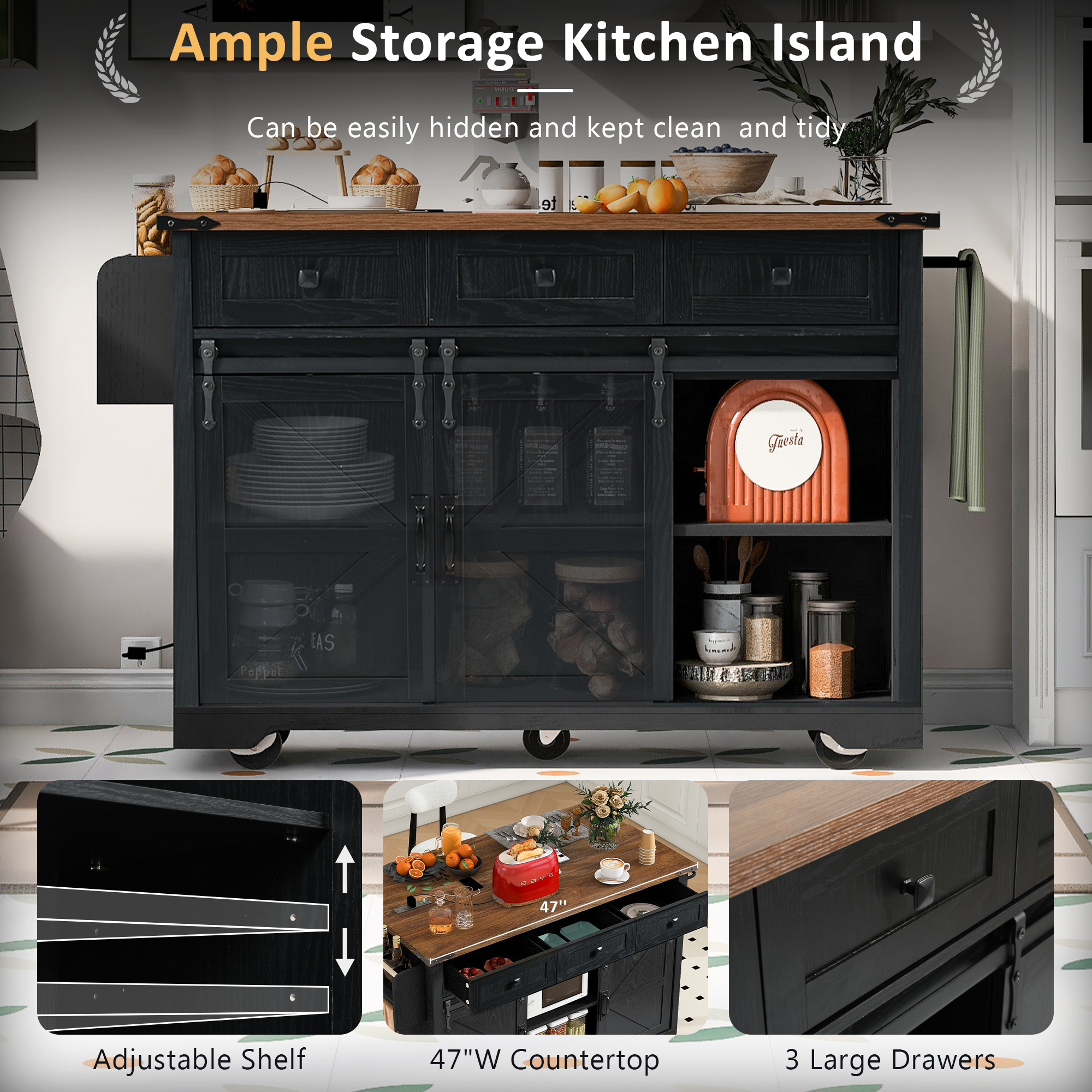 K&K 53.7  Farmhouse Kitchen Island With Power Outlet, 2 Sliding Barn Door Kitchen Storage Island With Drop Leaf, Spice Rack Rolling Kitchen Cart On Wheels, For Home, Kitchen And Dining Room, Black