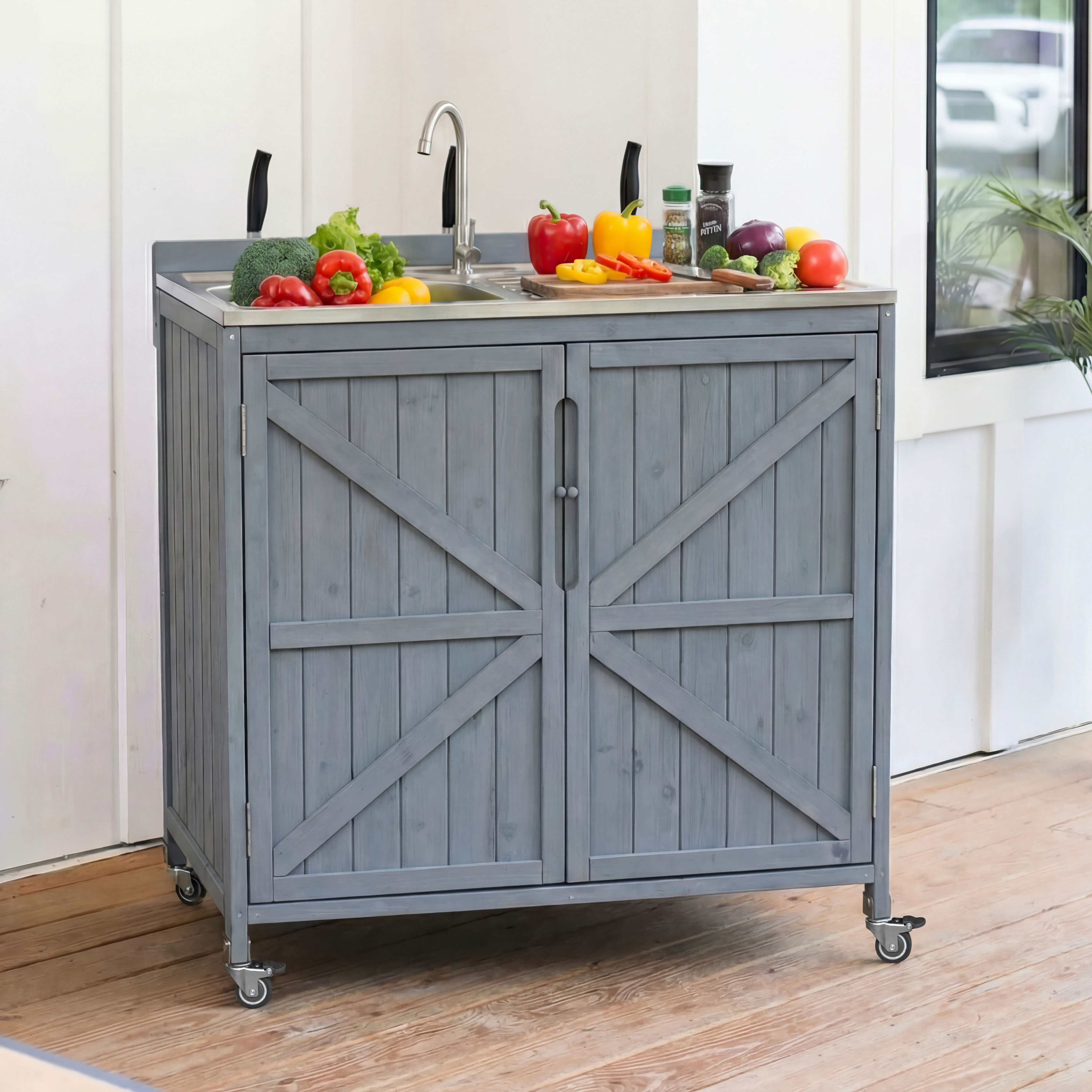 K&K 39.4 Outdoor Kitchen Island With Sink, Outdoor Kitchen Sink Station W 304 Stainless Steel Sink, Hose Hook Up & Faucet, Outdoor Kitchen Cabinet W Back Splash & 4 Wheels For Pizza Prep,Grey Blue - Image 1
