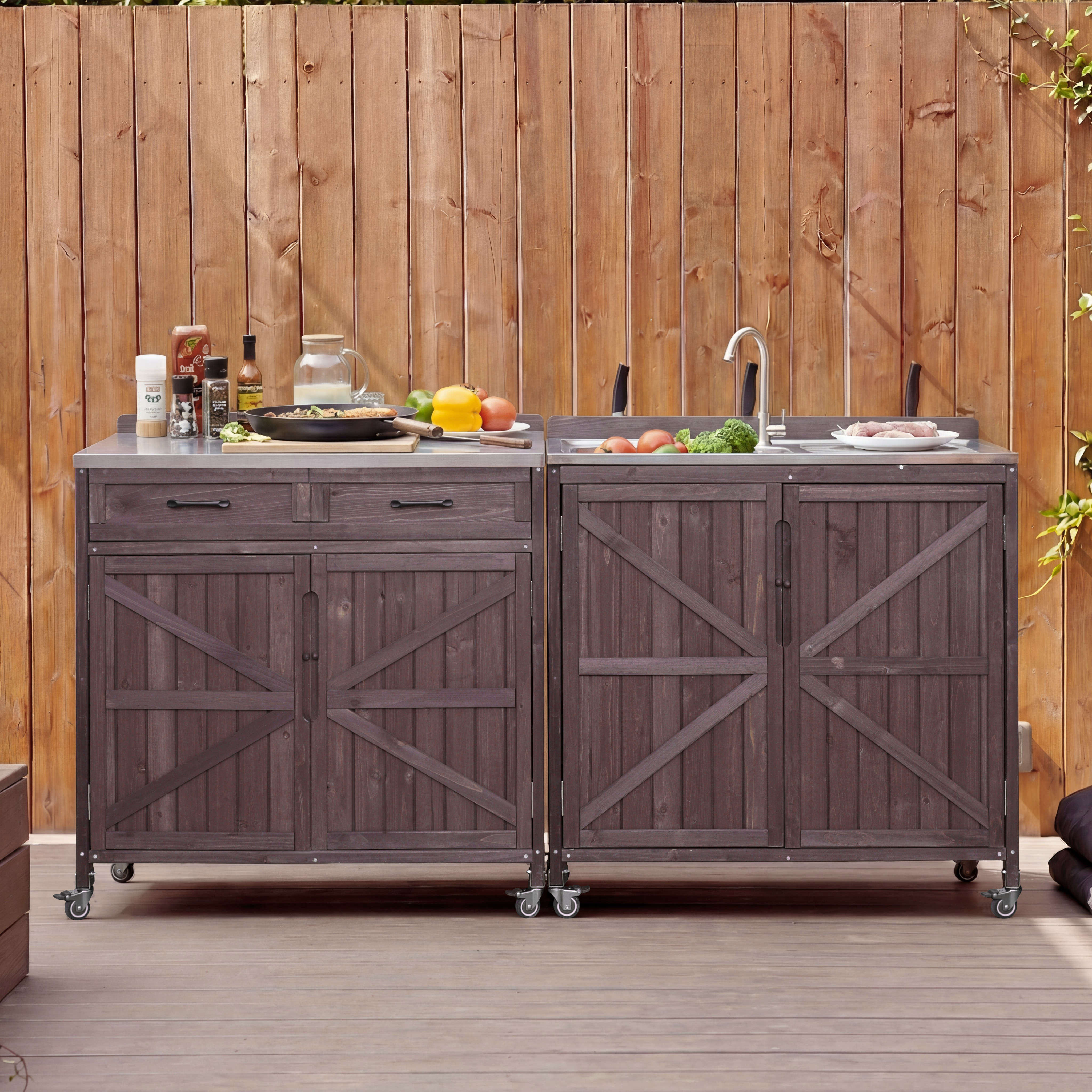 K&K Outdoor Kitchen Island Series 2 Piece Modular Solid Wood Set, 304 Sink Stainless Steel Station W Faucet, Drawer, 2 Door Shelves, Outdoor Storage Cabinet W Wheels For Backyard, Patio, Dark Brow - Image 1