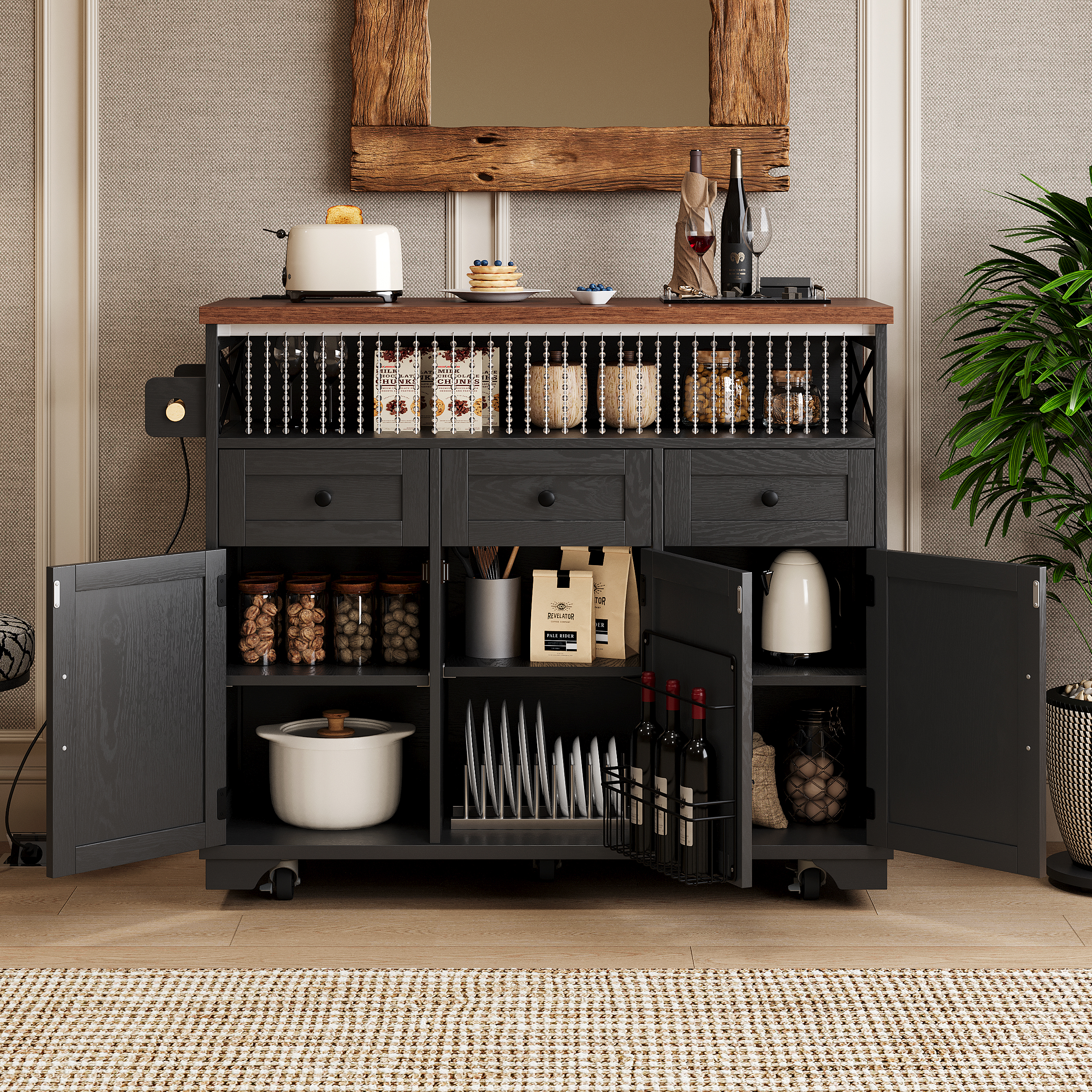 K&K 46.5  Farmhouse Kitchen Island With Drape Of Beads, Power Outlet, Rolling Kitchen Cart On Wheels With Drop Leaf, 3 Doors , 3 Drawers And Internal Iron Shelf, For Kitchen, Dining Room, Black