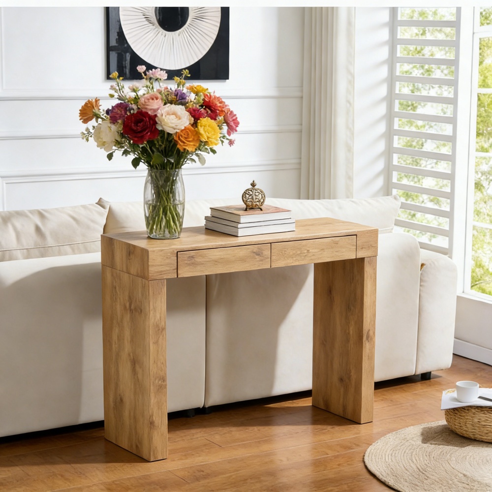 Elegant Natural Wood Grain Bar Table-50 Inches Long, A Practical Choice For Modern Homes.Wood Grain Texture Sticker,Equipped With Two Drawers.Serving As A Bar Table Or A Desk. - Image 1