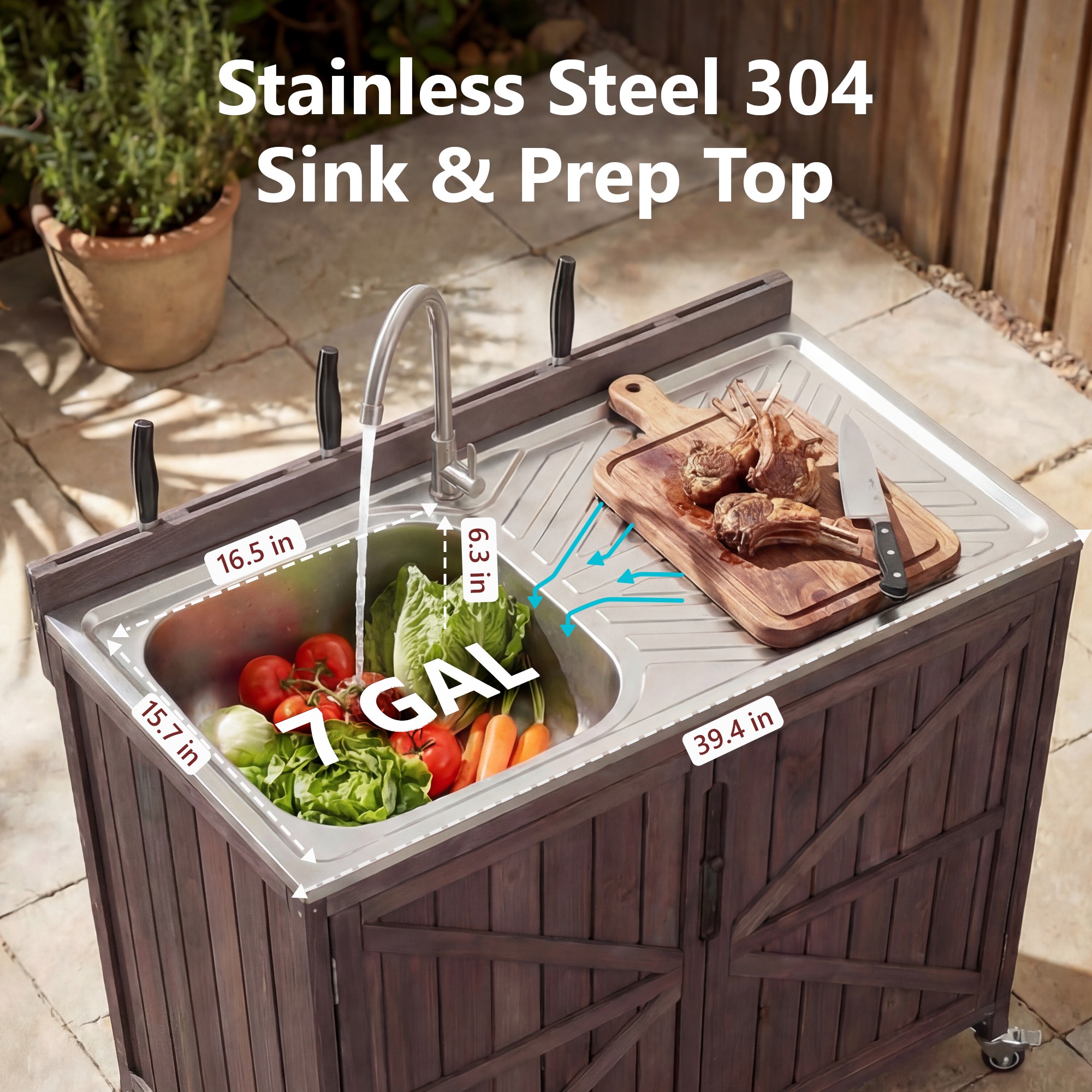 K&K Outdoor Kitchen Island Series   2 Piece Modular Solid Wood Set, 304 Sink Stainless Steel Station W Faucet, Drawer, 2 Door Shelves, Outdoor Storage Cabinet W Wheels For Backyard, Patio, Dark Brow