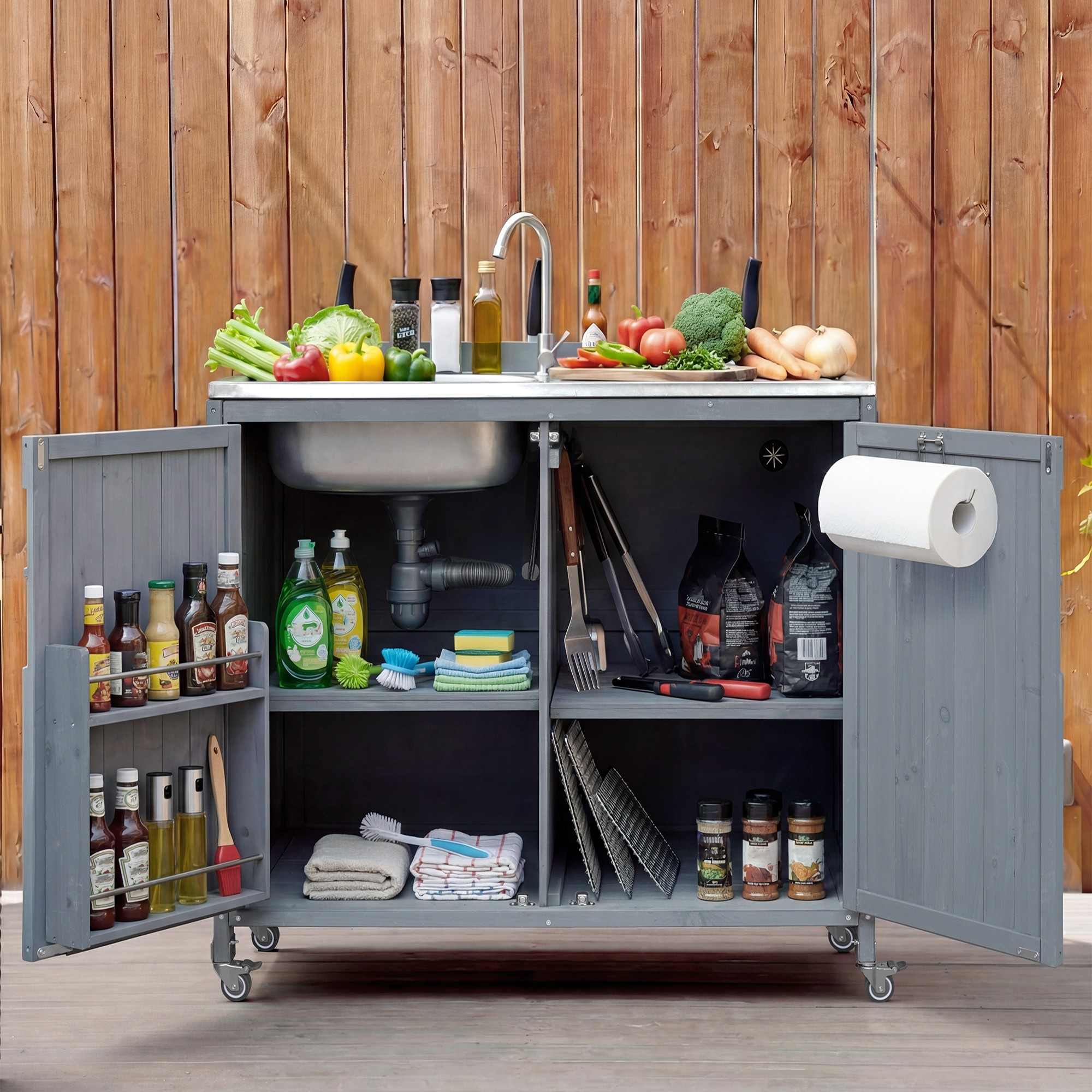 K&K 39.4  Outdoor Kitchen Island With Sink, Outdoor Kitchen Sink Station W  304 Stainless Steel Sink, Hose Hook Up & Faucet, Outdoor Kitchen Cabinet W  Back Splash & 4 Wheels For Pizza Prep,Grey Blue
