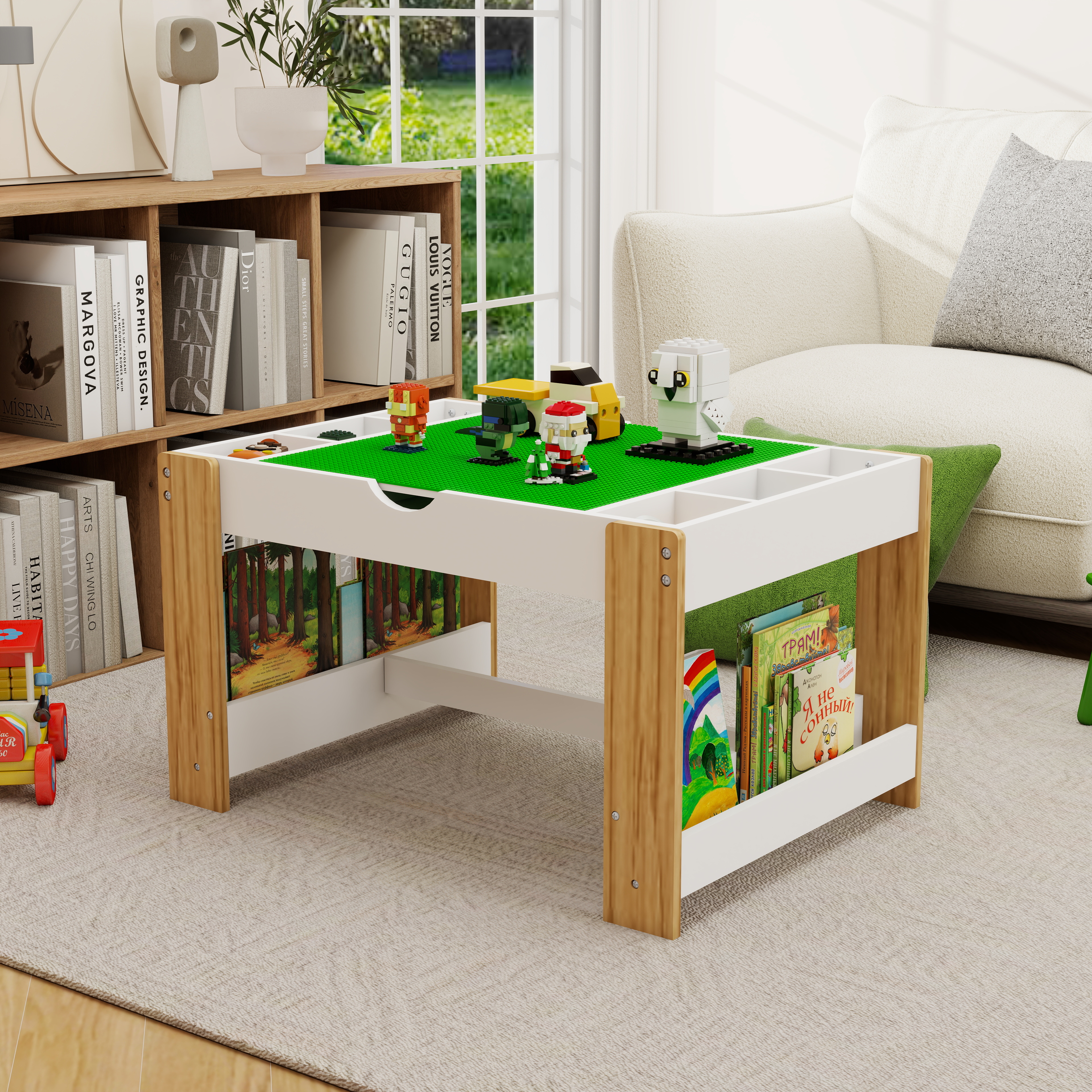 Kids 2 In 1 Play Table With 7 Storage Compartments,Compatible With LEGO Building Block,Modern Activity Learning Table Game Furniture-White - Image 1