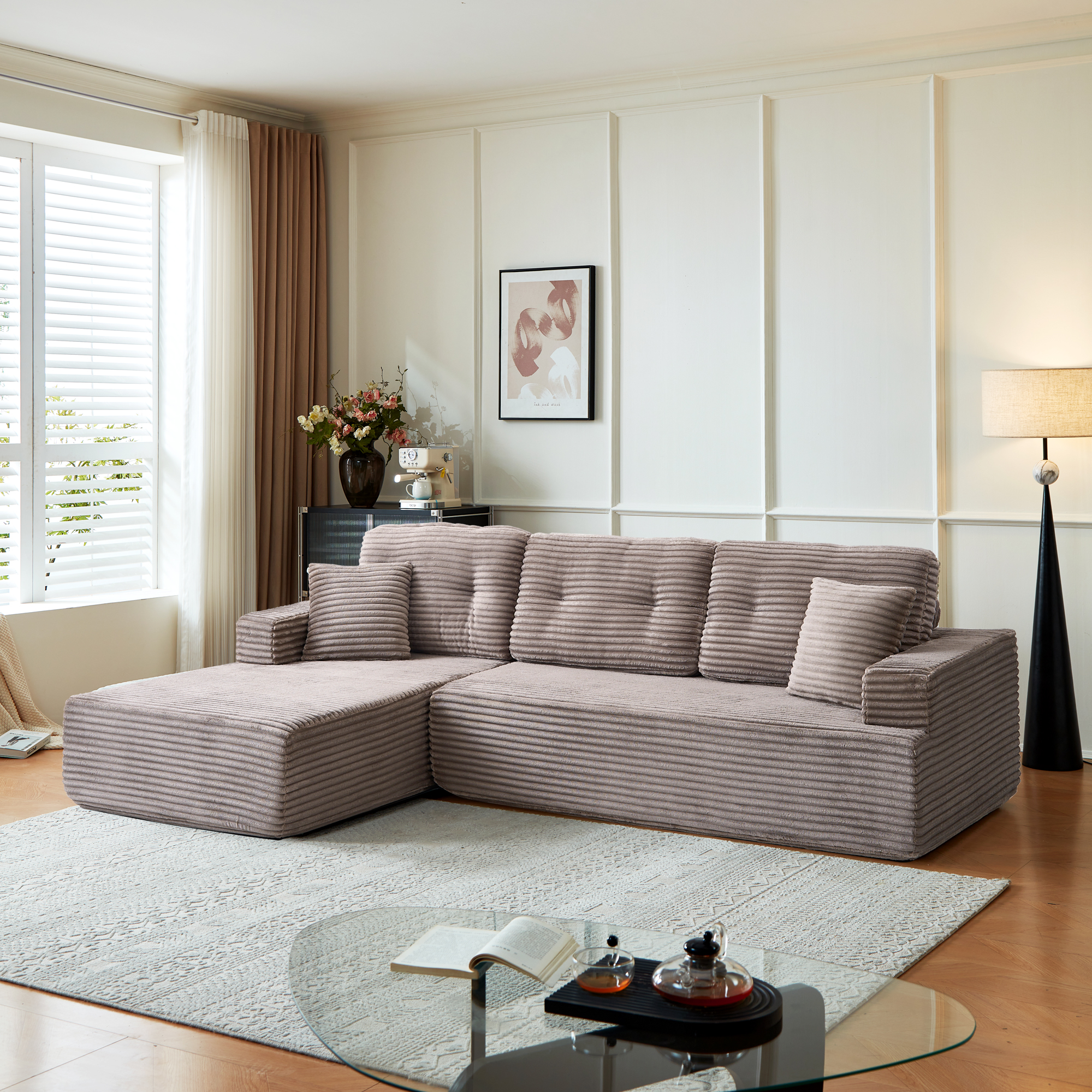 Right-Facing Chaise,L Shape Modular Sectional Sofa, Compressed Sectional Sofa Modern Minimalist Style Corduroy Couch,Unfold Into A Bed, Bedroom, Comfy Compressed Sofa - Image 1