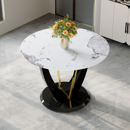 42 Inch Diameter Round Tempered Glass Dining Table - Modern Design, V-Shaped MDF Legs. Imitation Marble Texture Sticker,MDF Painting.
