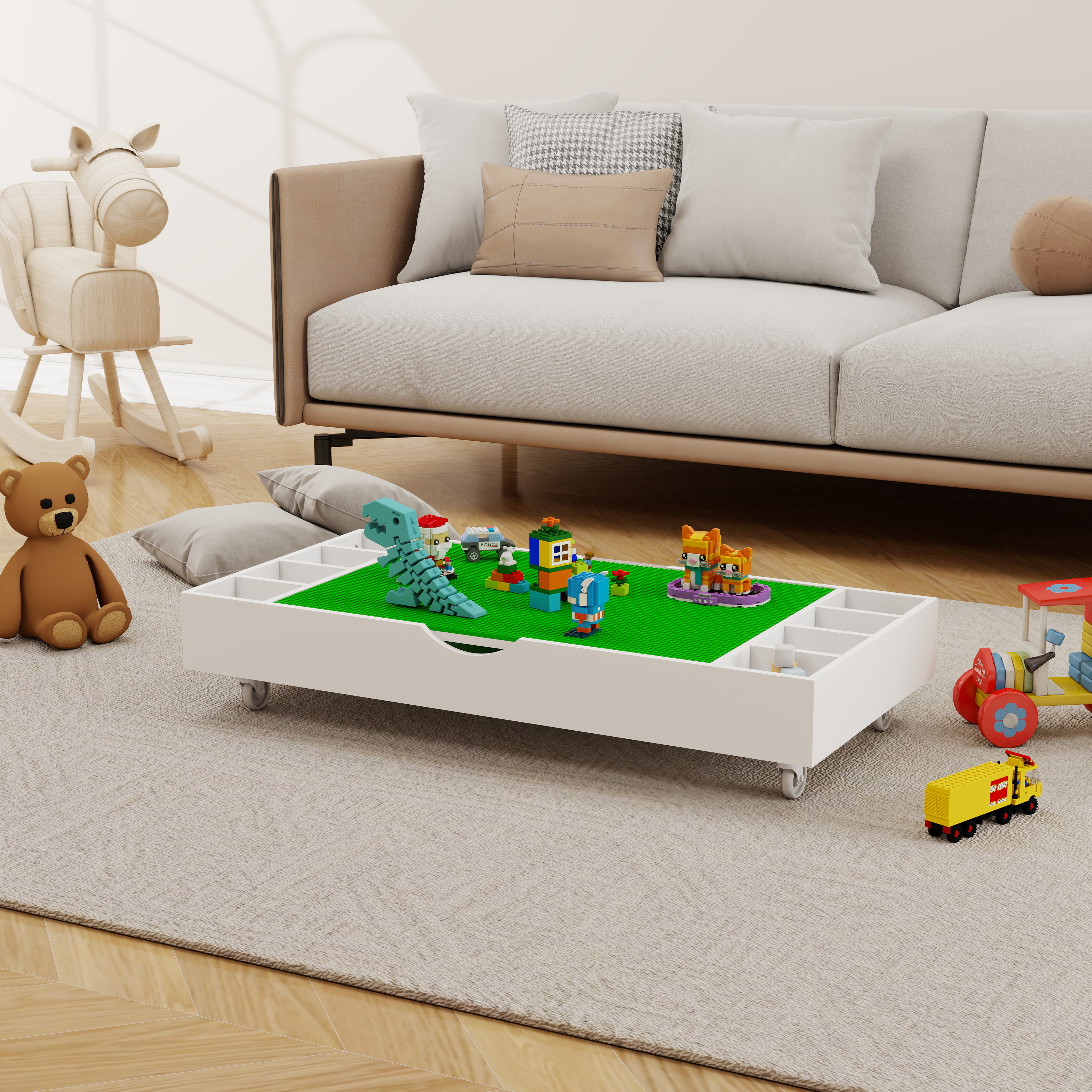The 2 In 1 Rollaway Play Table And Toy Organizer Compatible With Lego Suitable For Storing Under Bed Or Sofa-White  38 X 18.7 X 5.9