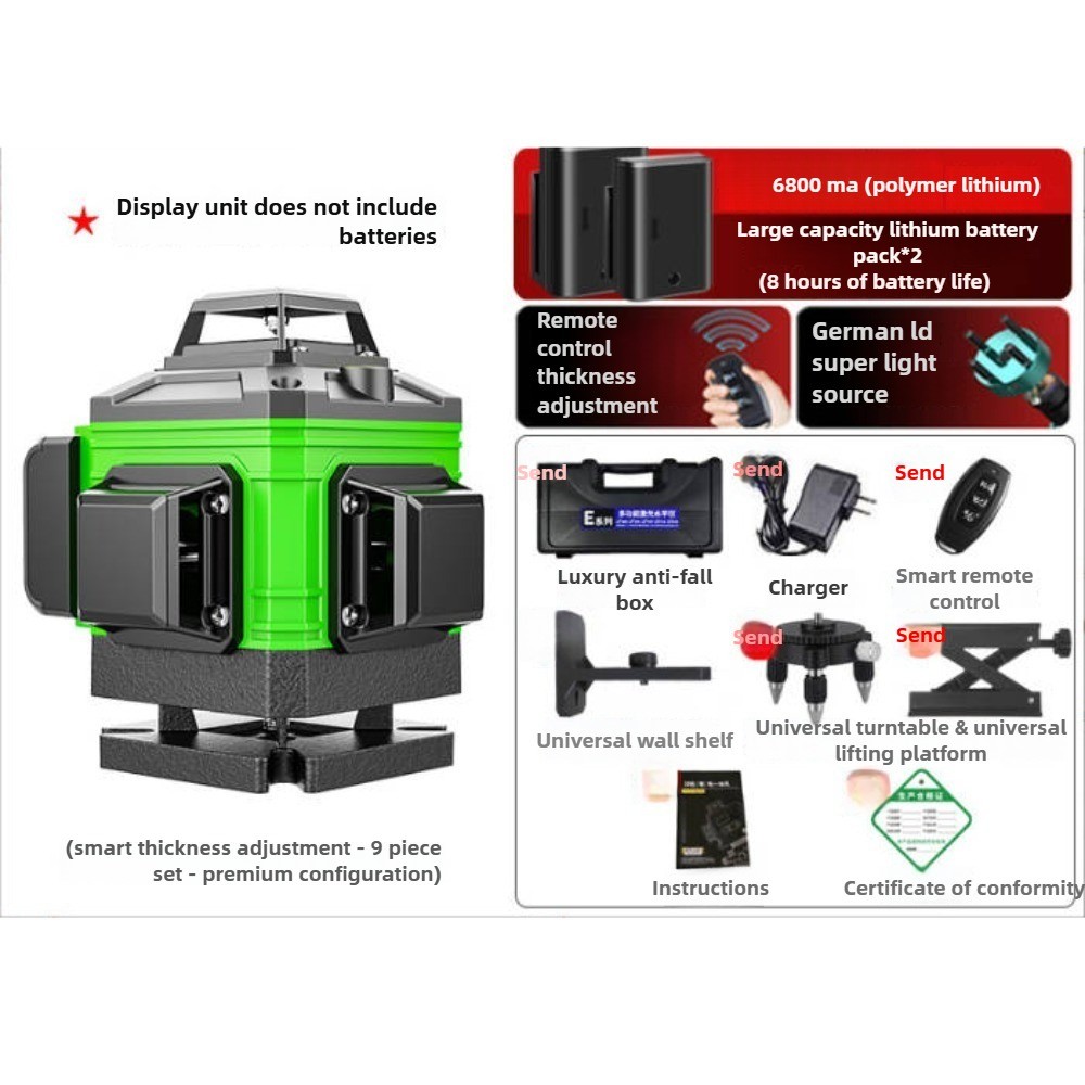 Support Pan European：16 Line Laser Level Spirit Level 4D 360° Cross Line Laser Self-Leveling Kit