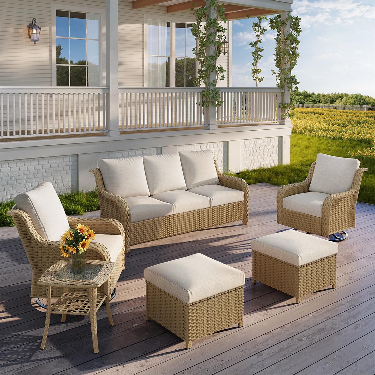 JB YELLOW A Three-seater Sofa    Two Swivelchairs    Two Footstools  One Table - Image 1