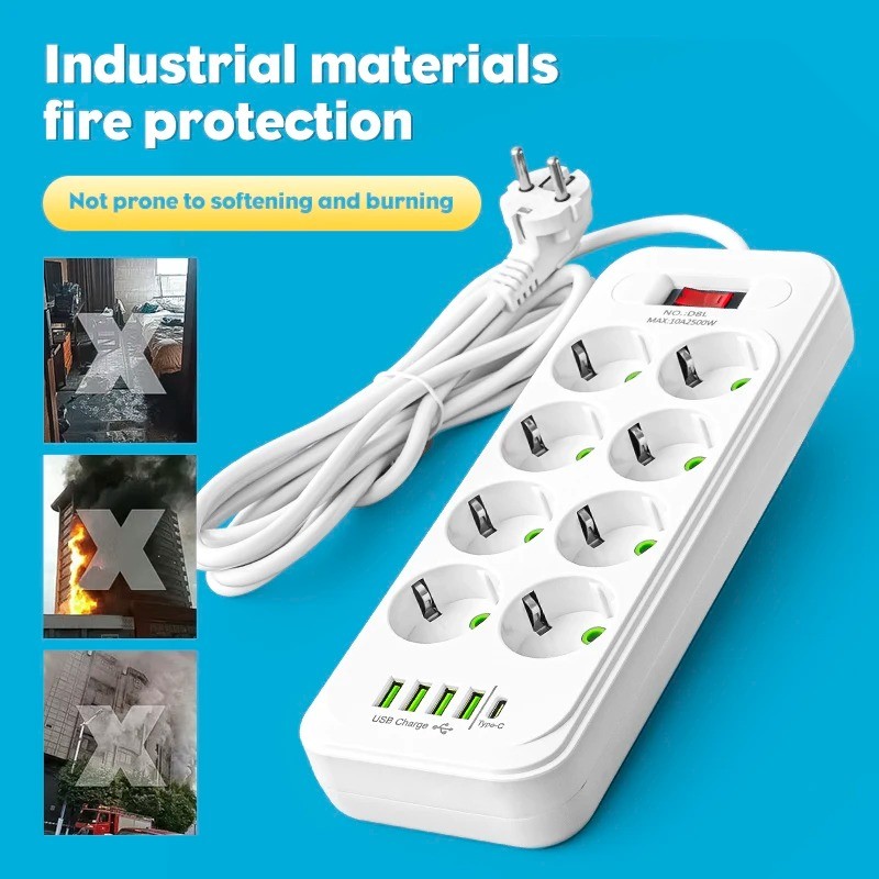 Support Pan European：Power Strip 8-Way Multi-Outlet With Type-C And 4 USB Sockets EU