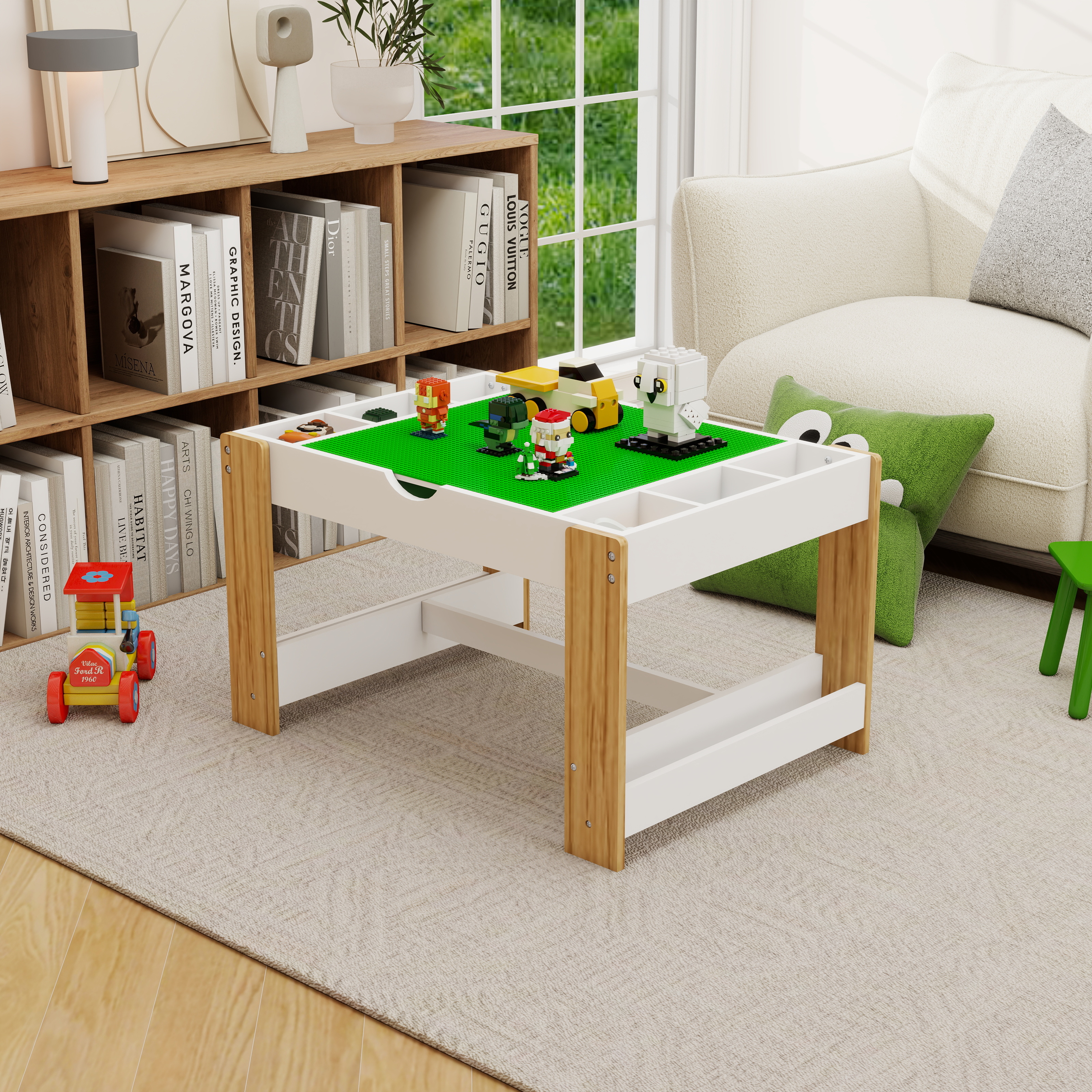 Kids 2 In 1 Play Table With 7 Storage Compartments,Compatible With LEGO Building Block,Modern Activity Learning Table Game Furniture-White