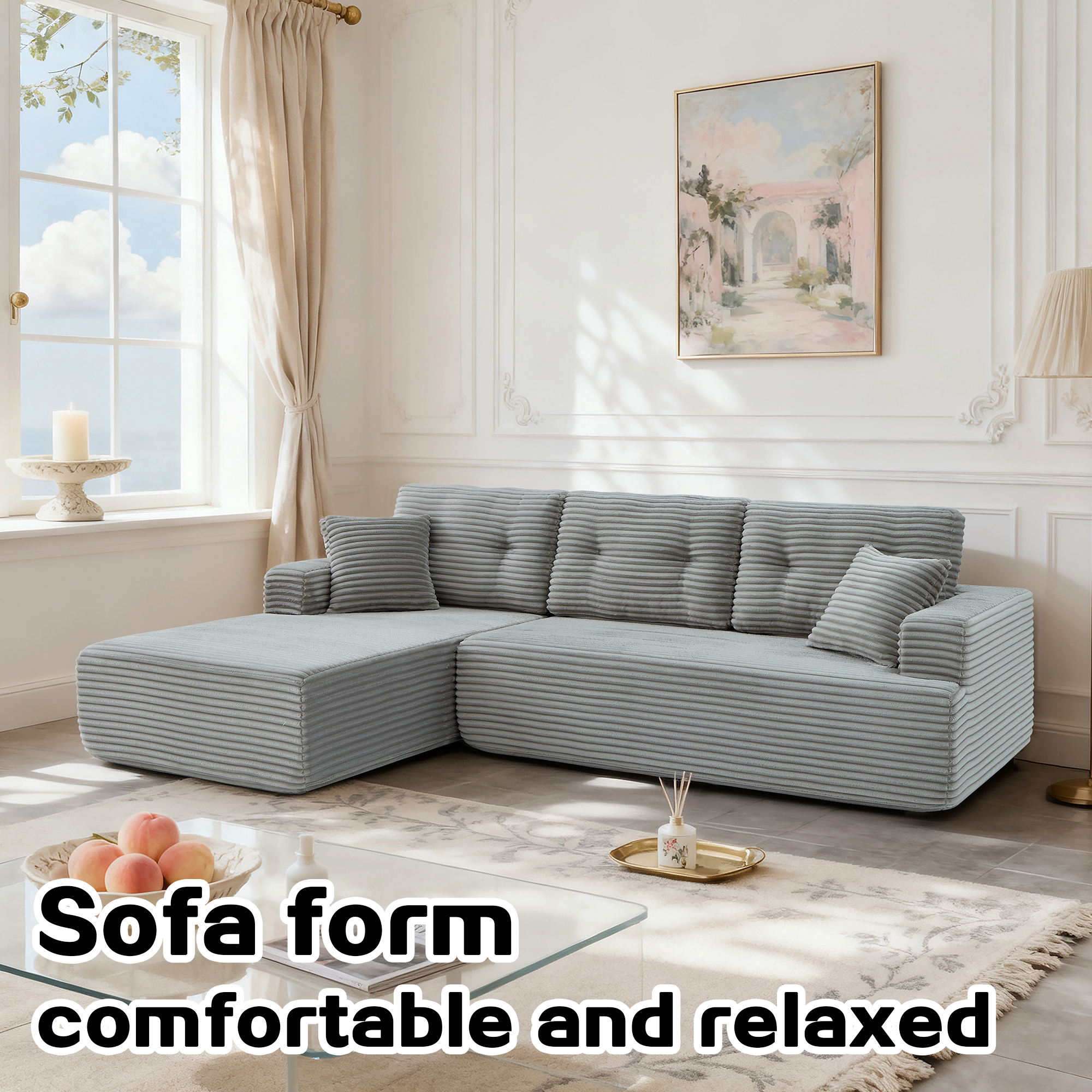 Left-Facing Chaise,L Shape Modular Sectional Sofa, Compressed Sectional Sofa Modern Minimalist Style Corduroy Couch,Unfold Into A Bed, Bedroom, Comfy Compressed Sofa