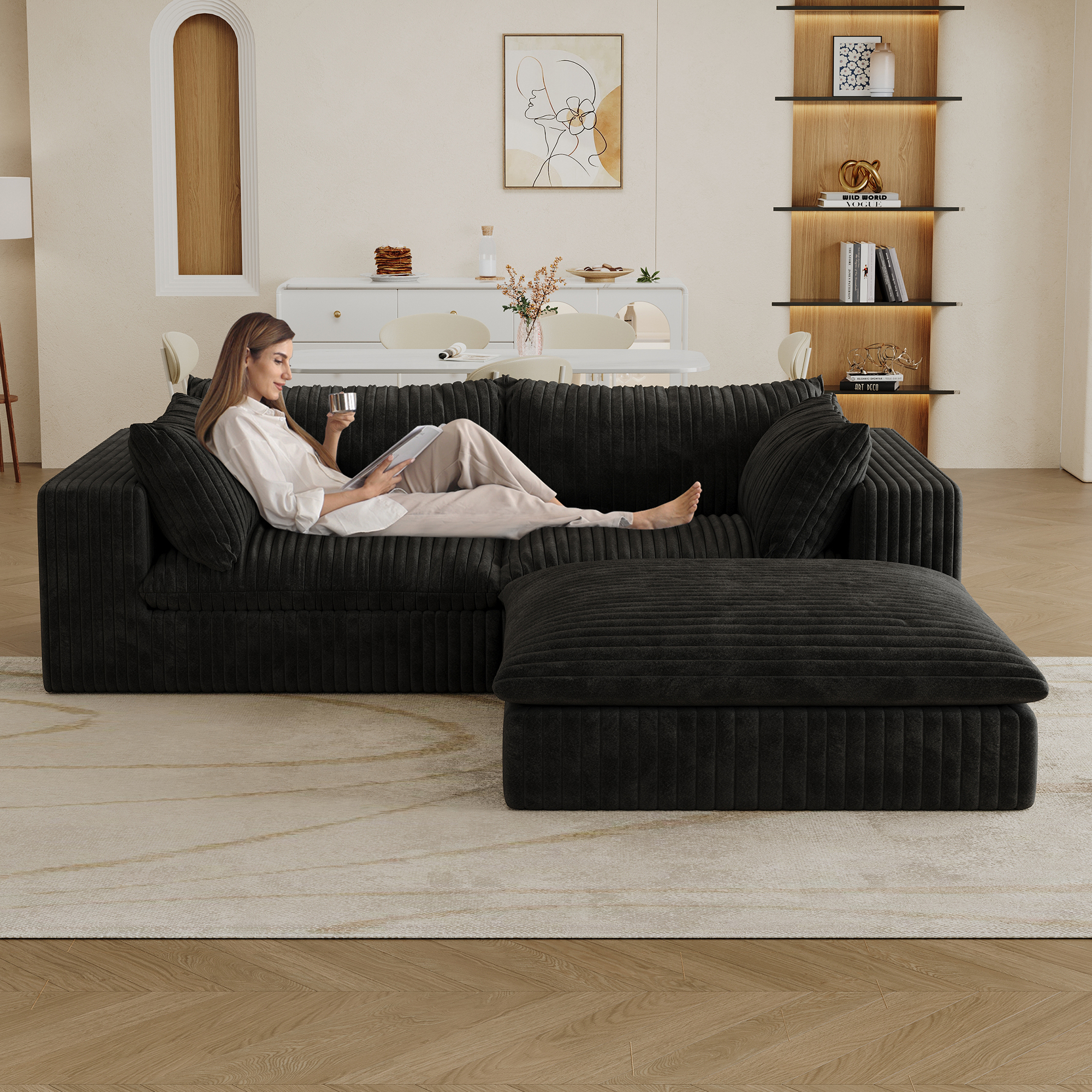39.8 Cloud Sofa,Corduroy Fabric,Deep Seat Couches,Double-layer Design,Removable  Cushion,No Assembly, DIY Combination For Living Room, Bedroom,Conference Room ,Apartment,Black