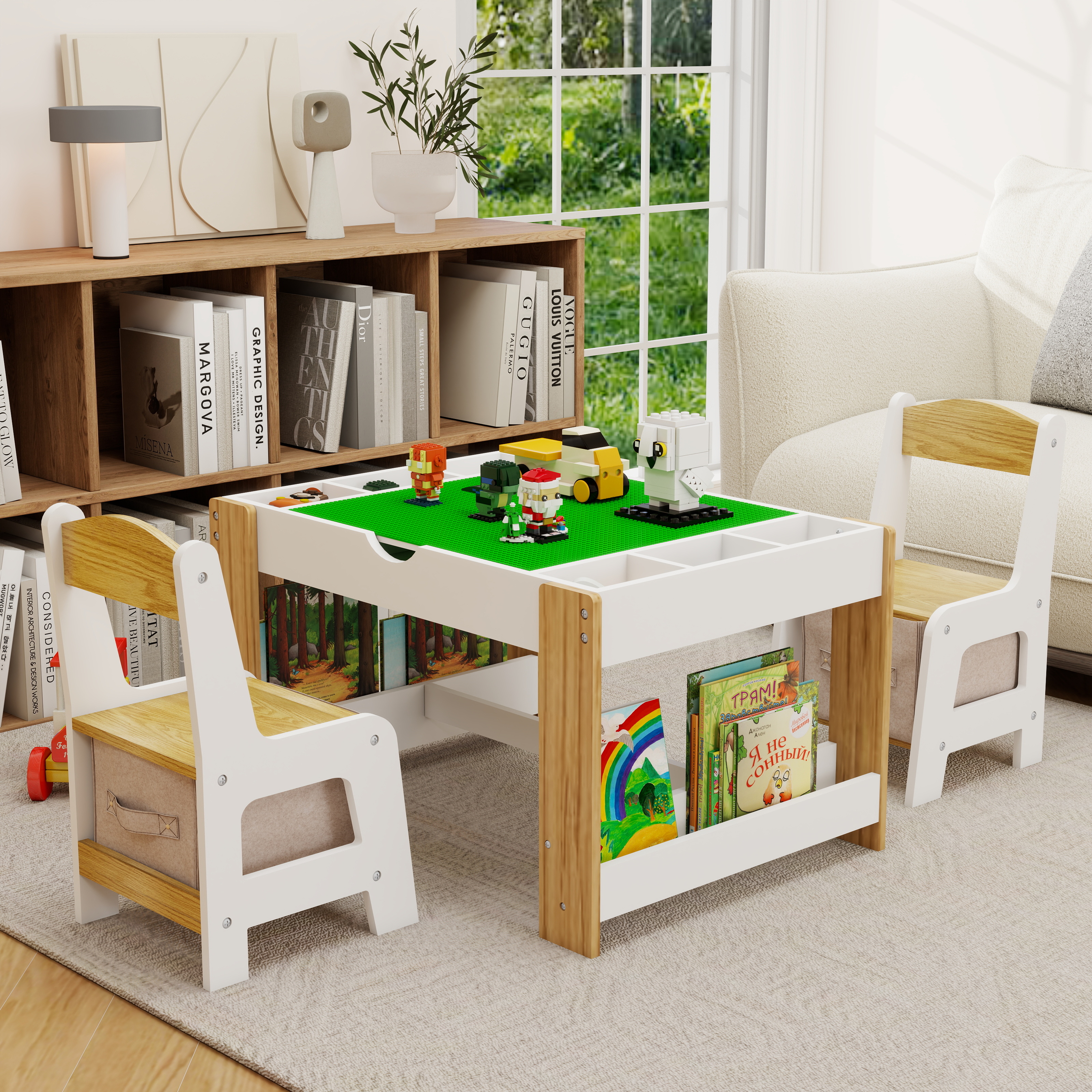 Kids 2 In 1 Play Table & 2 Chairs Set,with 7 Storage Compartments,Compatible With LEGO Building Block,Modern Activity Learning Table Game Furniture-White - Image 1